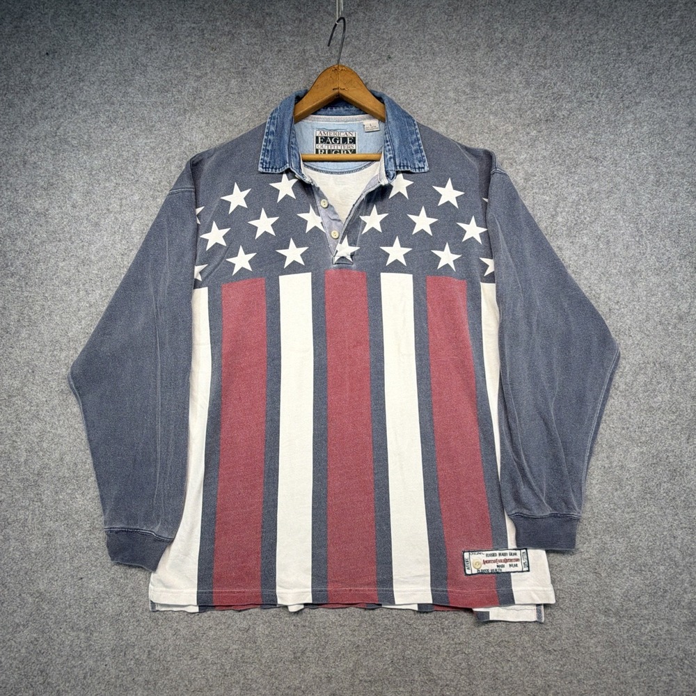 Vintage American Eagle Flag Longsleeve Rugby Shirt Mens Sz Large 90s